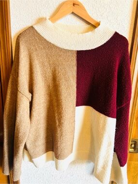 Colorblock Crewneck Sweater - Burgundy, Camel & Cream